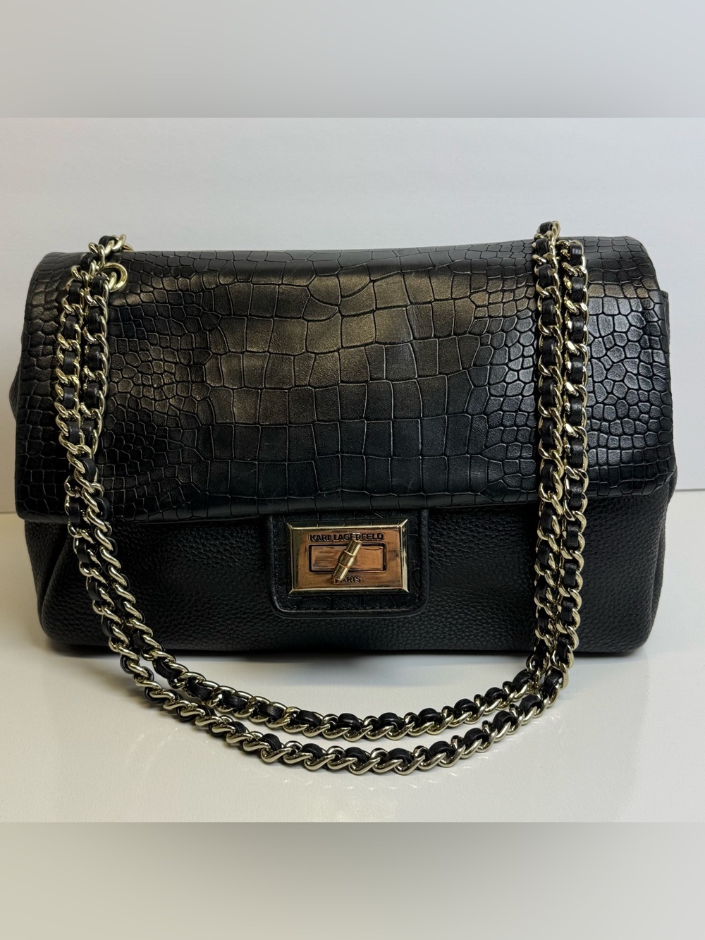 Karl Lagerfeld Paris Agyness Quilted Leather Shoulder Bag Black Gold Pebbled